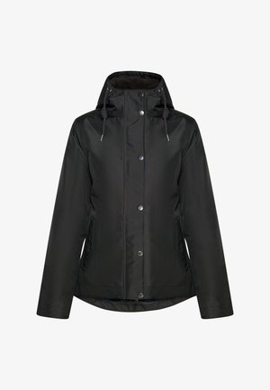 Fekete vízálló dzseki kapucnival, patentos záródással és oldalsó zsebekkel. Texturált anyagból készült, állítható húzózsinórokkal.