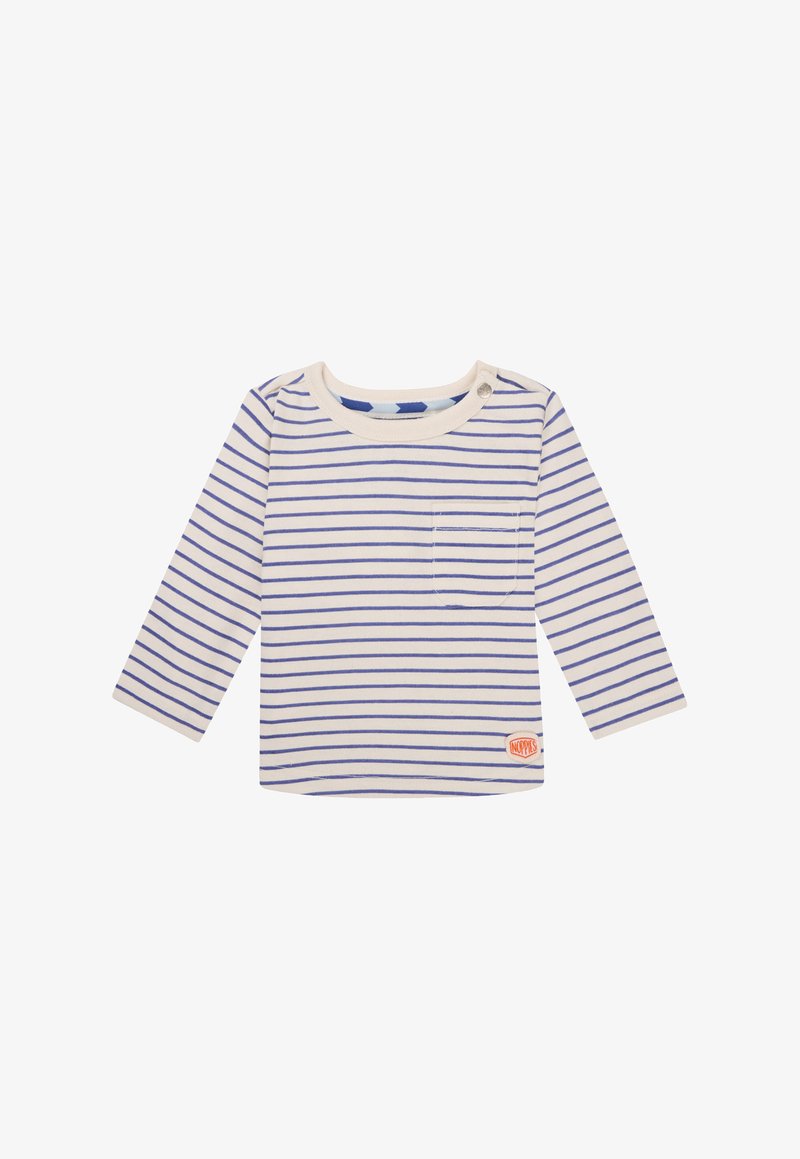 Long-sleeve, cream cotton shirt with blue stripes, round neckline, small chest pocket, and a label on the lower right side.