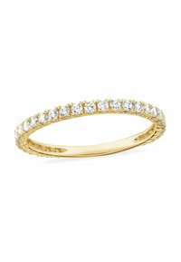 Anello in oro sottile, caratterizzato da una fila continua di piccoli diamanti bianchi tondi che circondano completamente l'anello.
