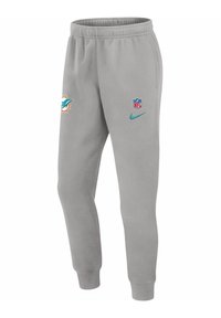 Ljusgråa träningsoveraller med elastisk midja, prydda med Miami Dolphins-logotyp, NFL-sköld och Nike-swoosh i teal. Mjuk textur och avsmalnande passform.