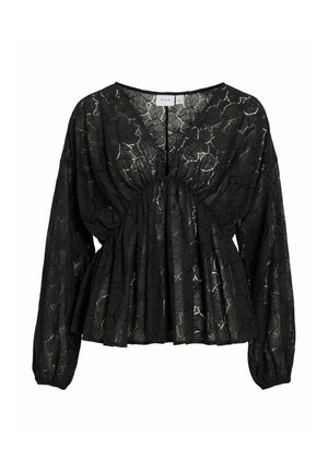 Svart blus med ett texturerat blommigt spetsmönster, djup V-ringning, insvängd midja och långa puffärmar. Mjuk, lättviktig tyg.