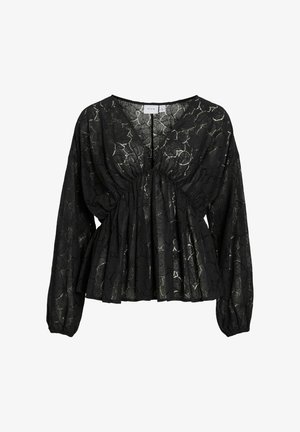 Czarna bluzka z teksturowanym kwiatowym wzorem koronki, głębokim dekoltem w kształcie litery V, marszczonym pasem i długimi bufkowatymi rękawami. Miękki, lekki materiał.