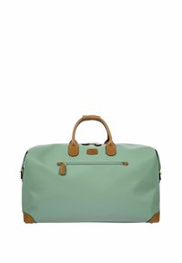 Borsa da weekend sintetica verde con dettagli in pelle marrone, manici superiori, tasca frontale con zip e una superficie liscia.