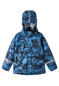 Blue and black waterproof jacket with a marbled pattern, adjustable hood, long sleeves, and reflective accents on the sleeves.