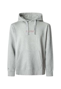 Sudadera con capucha gris hecha de una mezcla de algodón. Cuenta con un bolsillo tipo canguro, capucha ajustable con cordón, y texto bordado "PJL Jeans" en el pecho.