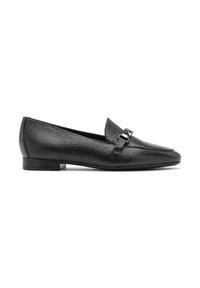 Zwarte leren loafers met een gestructureerde afwerking, voorzien van een subtiele zilveren hardware accent op de bovenkant. Platte hak, slank ontwerp, spitse neus.