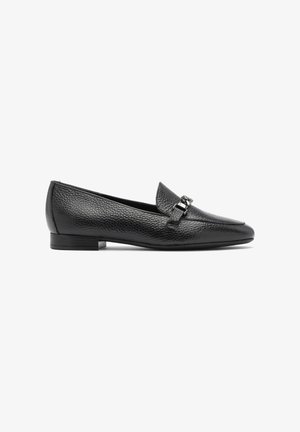 Black leather loafers with a textured finish, featuring a subtle silver hardware accent on the upper. Flat heel, sleek design, pointed toe.