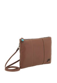 Clutch a tracolla in pelle marrone con cuciture evidenti, chiusura a zip, tirazip turchese e tracolla regolabile fissata accanto alla borsa.