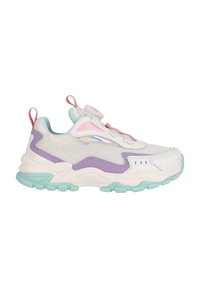 Weiße Mesh-Sneaker mit Akzenten in Lavendel und Minze, strukturierten Überzügen, einem runden Schnellschnürverschluss und einer pinken Schlaufe an der Ferse.