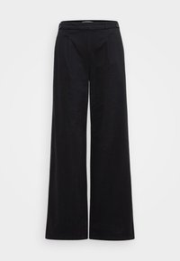 Black wide-leg trousers with a smooth texture, featuring side pleats, a fitted waistband, and two buttons at the front.