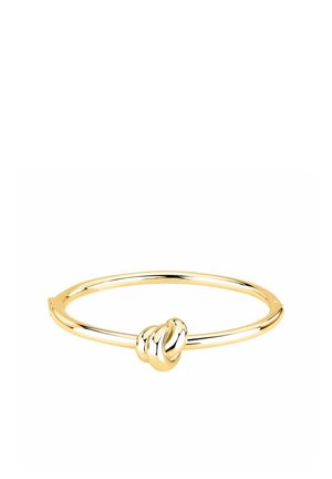 Bracciale rigido in oro con dettaglio nodo centrale, finitura liscia e lucida, mostrato su sfondo bianco.