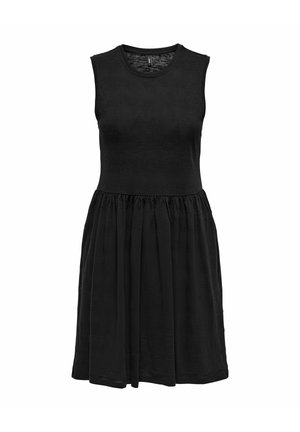 Vestido negro sin mangas con cuerpo ajustado y falda fruncida, escote redondo, hecho de una tela suave.