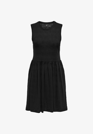 Vestido negro sin mangas con cuerpo ajustado y falda fruncida, escote redondo, hecho de una tela suave.