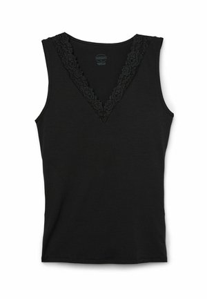 Schwarzes ärmelloses Tanktop mit V-Ausschnitt und floralem Spitzenbesatz. Hergestellt aus weichem Stoff mit glatter Textur, konzipiert für eine figurbetonte Passform.