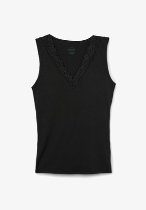 Schwarzes ärmelloses Tanktop mit V-Ausschnitt und floralem Spitzenbesatz. Hergestellt aus weichem Stoff mit glatter Textur, konzipiert für eine figurbetonte Passform.
