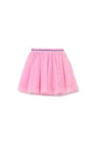 Roze tule rok met een geplooid ontwerp, elastische tailleband en een paarse accent. Zachte textuur en gelaagde uitstraling.