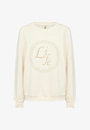 Kremowa bluza z długim rękawem, okrągłym dekoltem i okrągłą grafiką z napisami "Wdzięczny", "Zadowolony", "Życie" i "Błogosławiony" w jasnobeżowym kolorze.