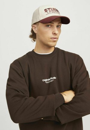 Sweatshirt marron avec logo blanc sur la poitrine, porté avec une casquette beige et bordeaux arborant une typographie stylisée. Design décontracté, texture douce.