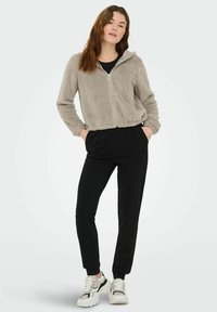 Sweat à capuche court avec fermeture éclair en gris clair, en tissu duveteux. Associé à un pantalon de jogging noir et des baskets épaisses multicolores.