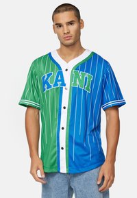 Karl Kani - SERIF PINSTRIPE BLOCK BASEBALL SHIRT  UNISEX - Overhemd - blue green white Miniatuurafbeelding 1