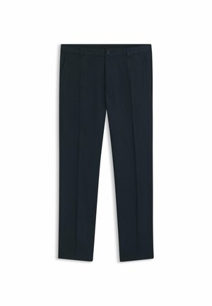 Marineblauwe broek van gladde stof, met een rechte pasvorm, twee voorplooien en een enkele knoopsluiting.