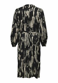 Robe longue à manches longues noire et crème avec une ceinture à nouer, arborant un motif abstrait vertical et une coupe décontractée, fabriquée en tissu léger.