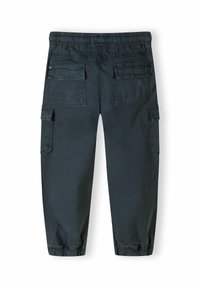 Mörkgrå cargobyxor med resårmidja, sidofickor och avsmalnande ben. Tillverkade av slitstarkt tyg med en slät yta.