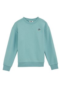 Svetlomodrá mikina s okrúhlym výstrihom, rebrovanými manžetami a spodným lemom a malým čiernym logom vtáka na ľavej hrudi. Mäkká tkanina, pravidelný strih.