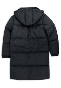 Manteau doudoune noir avec une capuche, présentant un design matelassé et des poignets élastiques. Coupe mi-longue, texture lisse et sans matériel visible.