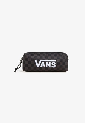 Zwarte geruite etui met rits, met een opvallend wit "VANS" logo aan de voorkant en een trekkoord voor sluiting.
