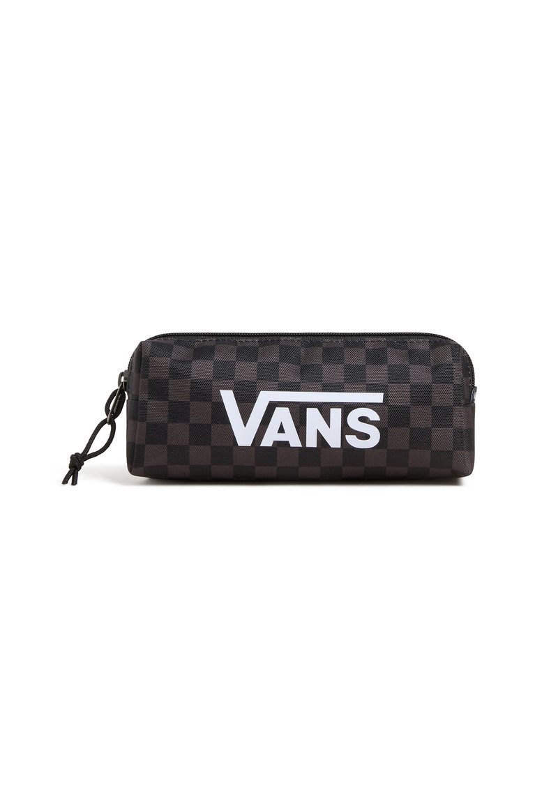 Zwarte geruite etui met rits, met een opvallend wit "VANS" logo aan de voorkant en een trekkoord voor sluiting.