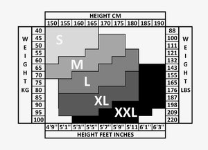 Table des tailles avec des rectangles de nuances de gris variées indiquant les tailles S, M, L, XL et XXL, accompagnés de mesures de hauteur et de poids.