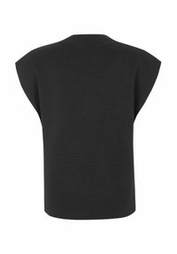 Senza maniche in maglia nera, con design a spalle larghe e scollatura rotonda, mostrata da dietro su sfondo bianco.