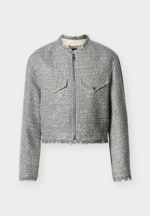 Kort jakke i spraglet blått og beige tweed, med glidelås foran, to brystlommer og frynsete kantdetaljer.