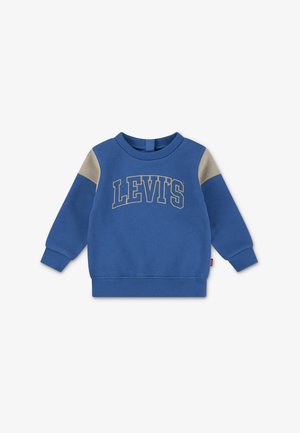 Sudadera azul con detalles beige en los hombros y puños acanalados, con el logotipo "LEVI'S" en dorado. Fabricada en una suave mezcla de algodón.