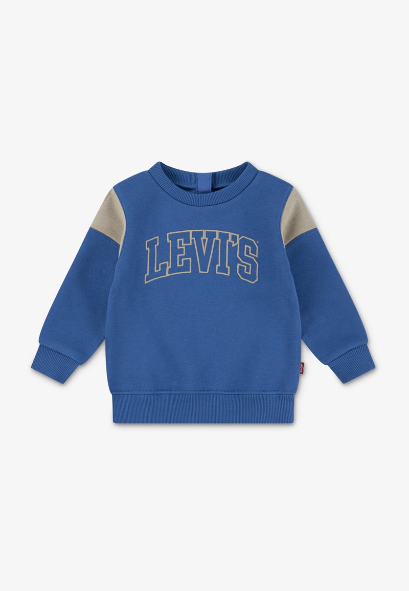 Blaues Sweatshirt mit beigen Schulterakzenten und gerippten Bündchen, mit goldenem "LEVI'S"-Logo. Hergestellt aus einem weichen Baumwollmischgewebe.