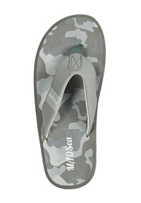 Gray flip-flop with a camo-patterned footbed, rubber sole, and soft straps. Features textured surface for grip and stitching detail on straps.