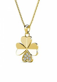 Collana con pendente a forma di quadrifoglio in oro, con quattro foglie a forma di cuore e una base a goccia che presenta sei piccole gemme rotonde, appesa a una catena.