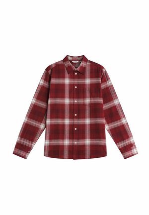 Röd och vit rutigt långärmad skjorta med knappar; tillverkad av bomull, med krage och synlig knapplist samt en ficka framtill.