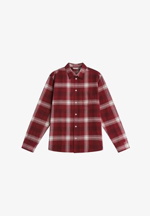 Röd och vit rutigt långärmad skjorta med knappar; tillverkad av bomull, med krage och synlig knapplist samt en ficka framtill.