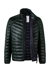 Tmavě zelená péřová bunda s lesklým prošívaným povrchem, stojáčkem a zapínáním na zip. Uvnitř má námořnickou podšívku a branding.