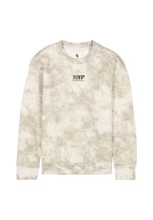 Lange mouw, lichtbeige en witte tie-dye sweatshirt met ""MVP""-tekst in zwart gecentreerd op de borst, ronde hals, geen zichtbare persoon.