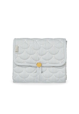 Folded quilted pouch with light blue vertical stripes, scalloped stitching pattern, and a gold button closure.