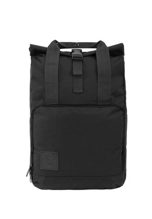 Black roll-top backpack made of fabric, featuring adjustable straps, a front zip pocket, and a textured logo patch. Rectangular shape.