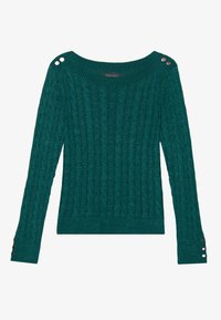 Teal cable-knit sweater featuring an off-shoulder design, ribbed hem, and decorative button accents on shoulders and cuffs.