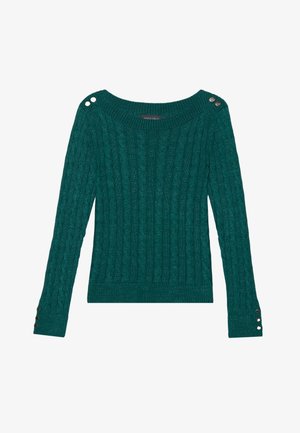 Žeberasti pulover v teal barvi z off-shoulder dizajnom, rebrastim robom in dekorativnimi gumbnimi detajli na ramah in manšeti.