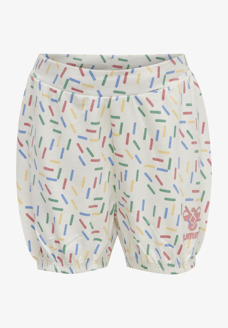 Shorts en tissu blanc avec un motif de sprinkles colorés. Ils disposent d'une taille élastique et d'un ourlet froncé. Contient un petit logo sur le bas devant.
