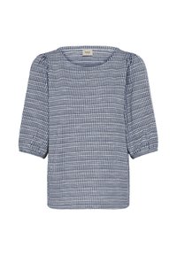 Blouse bleu marine à motif quadrillé blanc, col rond, manches trois-quarts bouffantes et tissu texturé. Conception légère et ample.