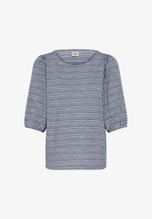 Blusa azul marino con estampado de cuadrícula blanca, cuello redondo, mangas abullonadas de tres cuartos y tela texturizada. Diseño ligero y holgado.