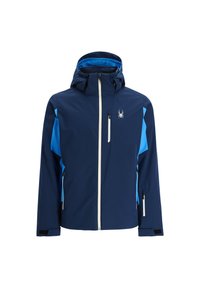 Marineblaue Jacke mit hellblauen Akzenten, einem Reißverschluss vorne, verstellbarem Kapuze und zwei Reißverschlusstaschen. Hergestellt aus wasserabweisendem Material.